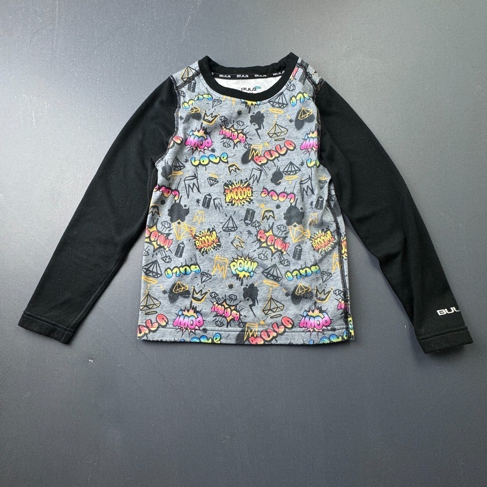 Bula Kids Boys Small Graphic Print Long Sleeve Fleece Tee Black Gray 80s Retro